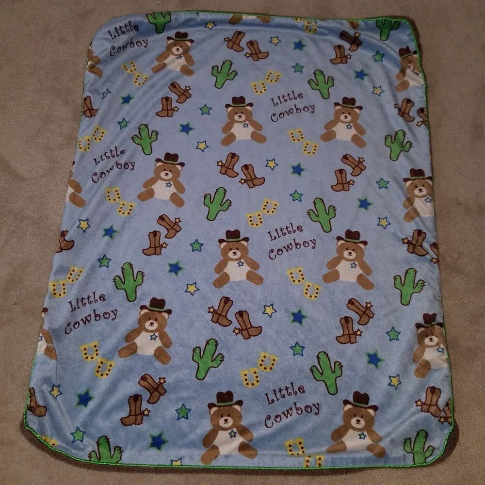 Little Cowboy Teddy Bear Blue Baby Blanket Lovey Fleece Brown Stars Cactus Boots